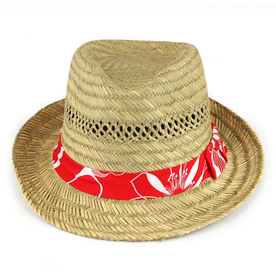 Straw Fedora Hat Panama Trilby Hawaiian Summer Sun Beach Flower Red